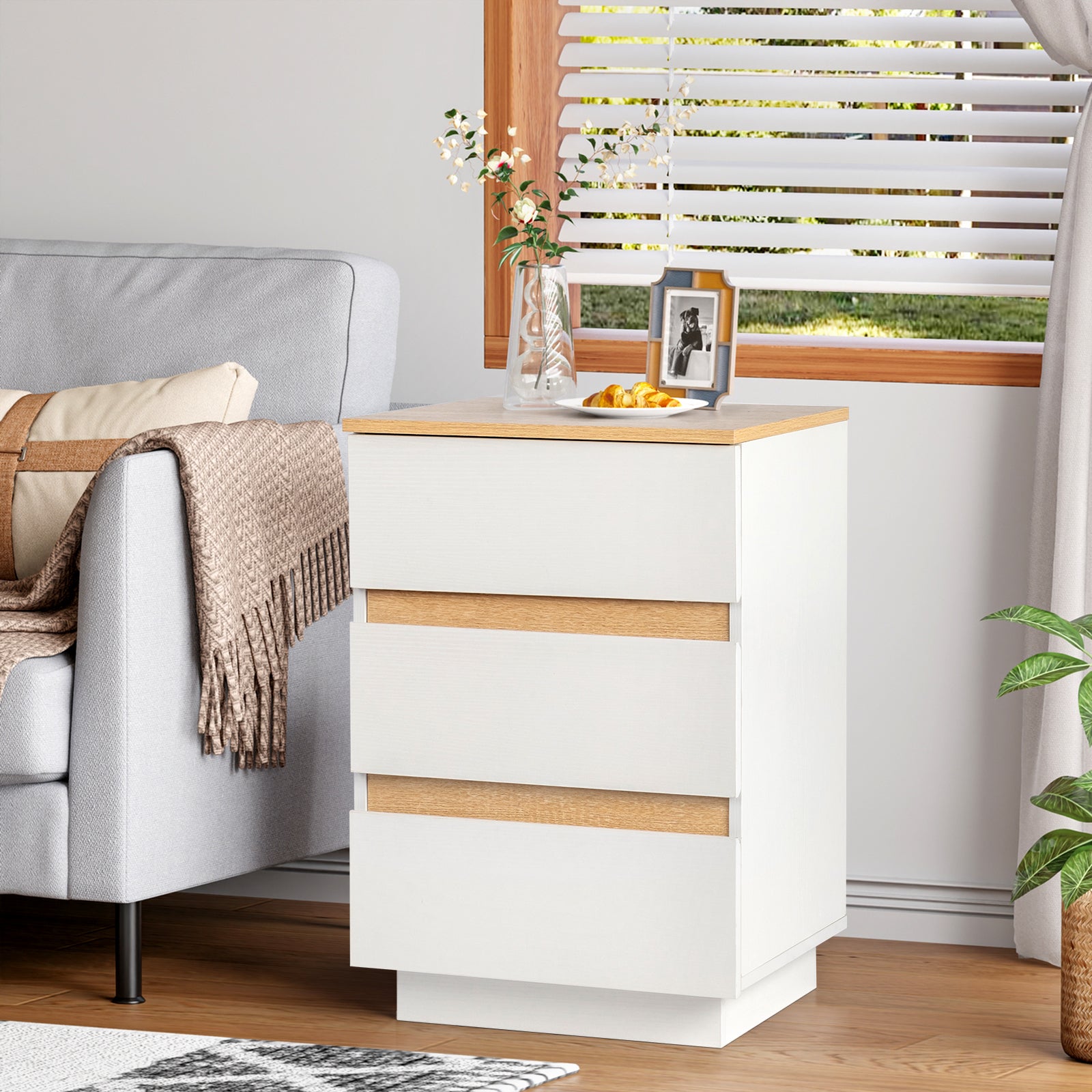 embossed white + embossed oak E1 particle board 12MM handle-free 38*32*56cm 3 drawers bedside table 1pc