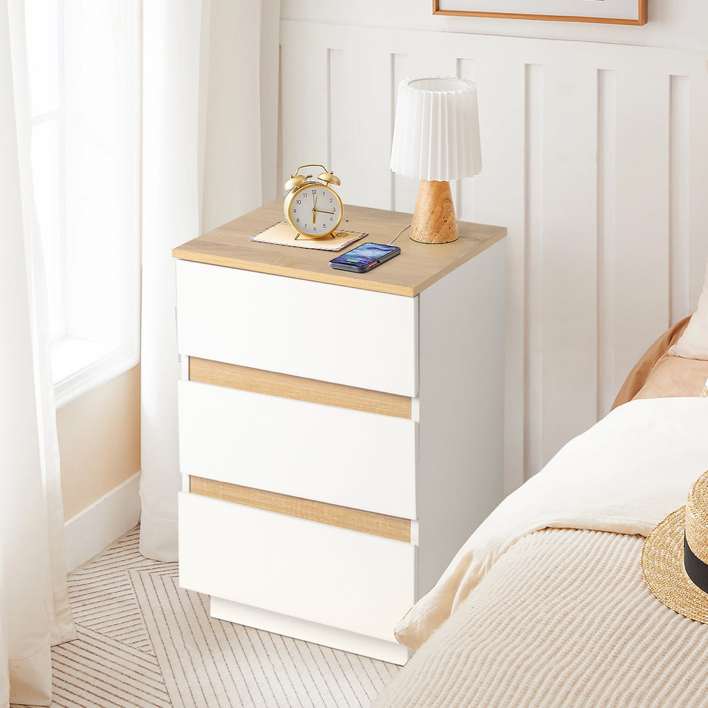 embossed white + embossed oak E1 particle board 12MM handle-free 38*32*56cm 3 drawers bedside table 1pc