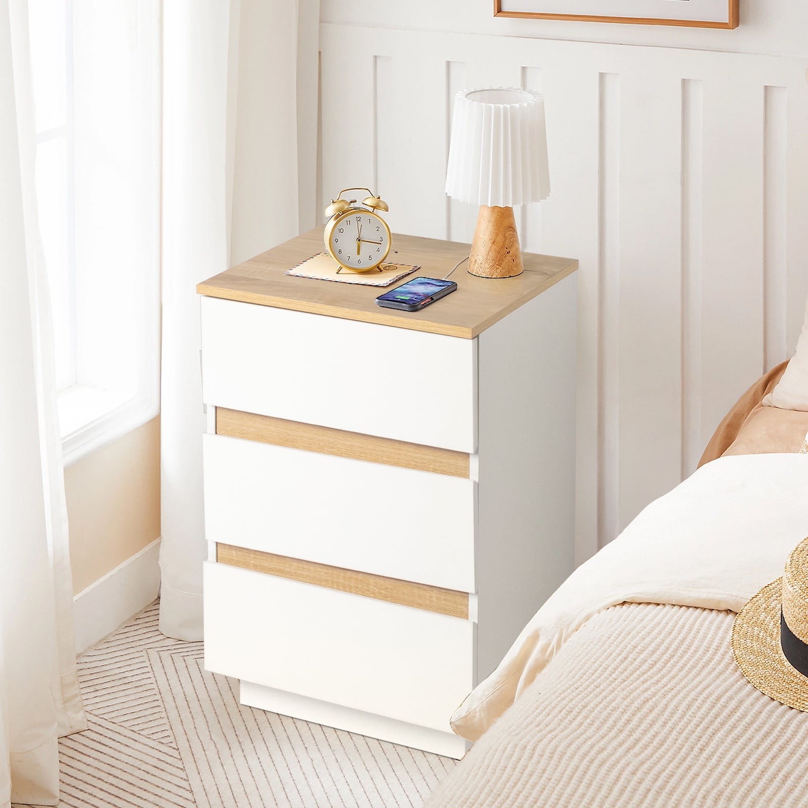 embossed white + embossed oak E1 particle board 12MM handle-free 38*32*56cm 3 drawers bedside table 1pc