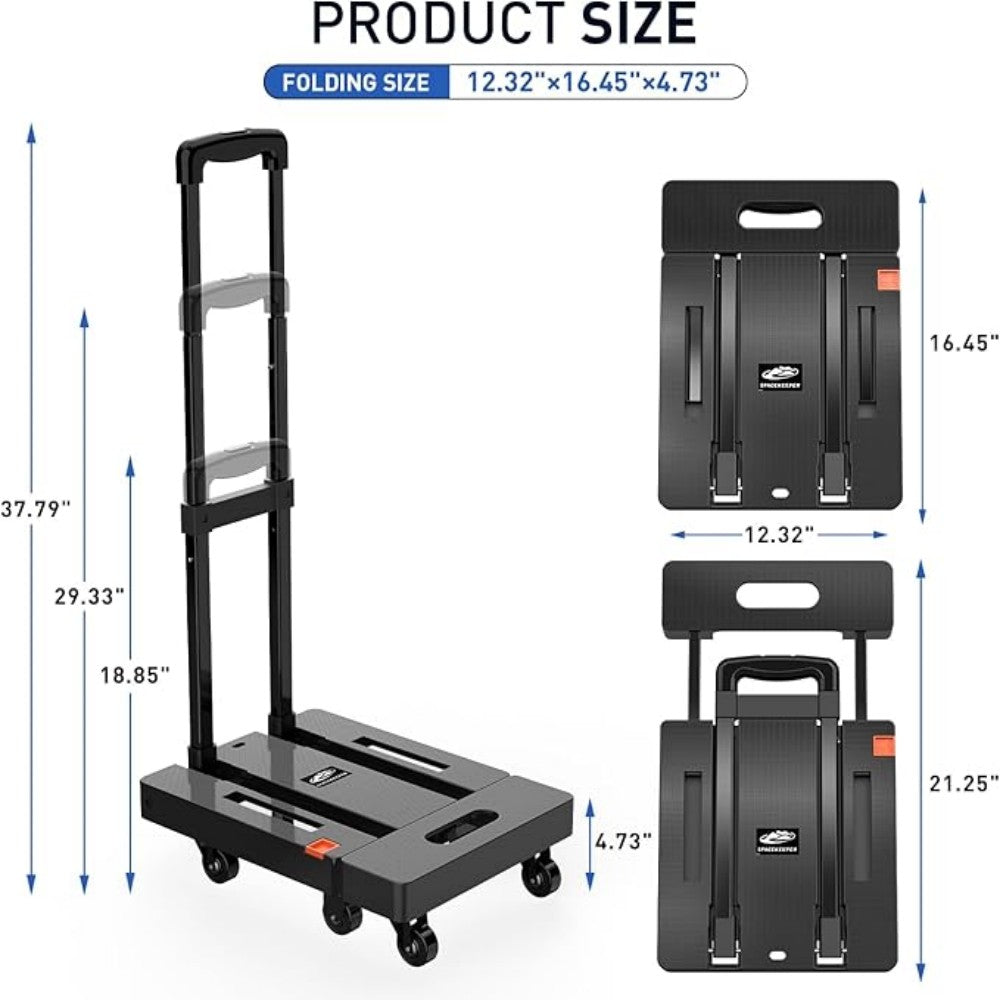 SPACEKEEPER Folding Hand Trolley, 227KGS Heavy Duty Platform Trolley with 6 Wheels and 2 Elastic Ropes for Luggage, Travel, Car, Shopping, Moving and Office, Orange