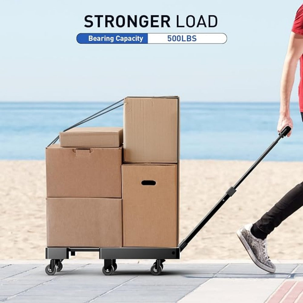 SPACEKEEPER Folding Hand Trolley, 227KGS Heavy Duty Platform Trolley with 6 Wheels and 2 Elastic Ropes for Luggage, Travel, Car, Shopping, Moving and Office, Orange