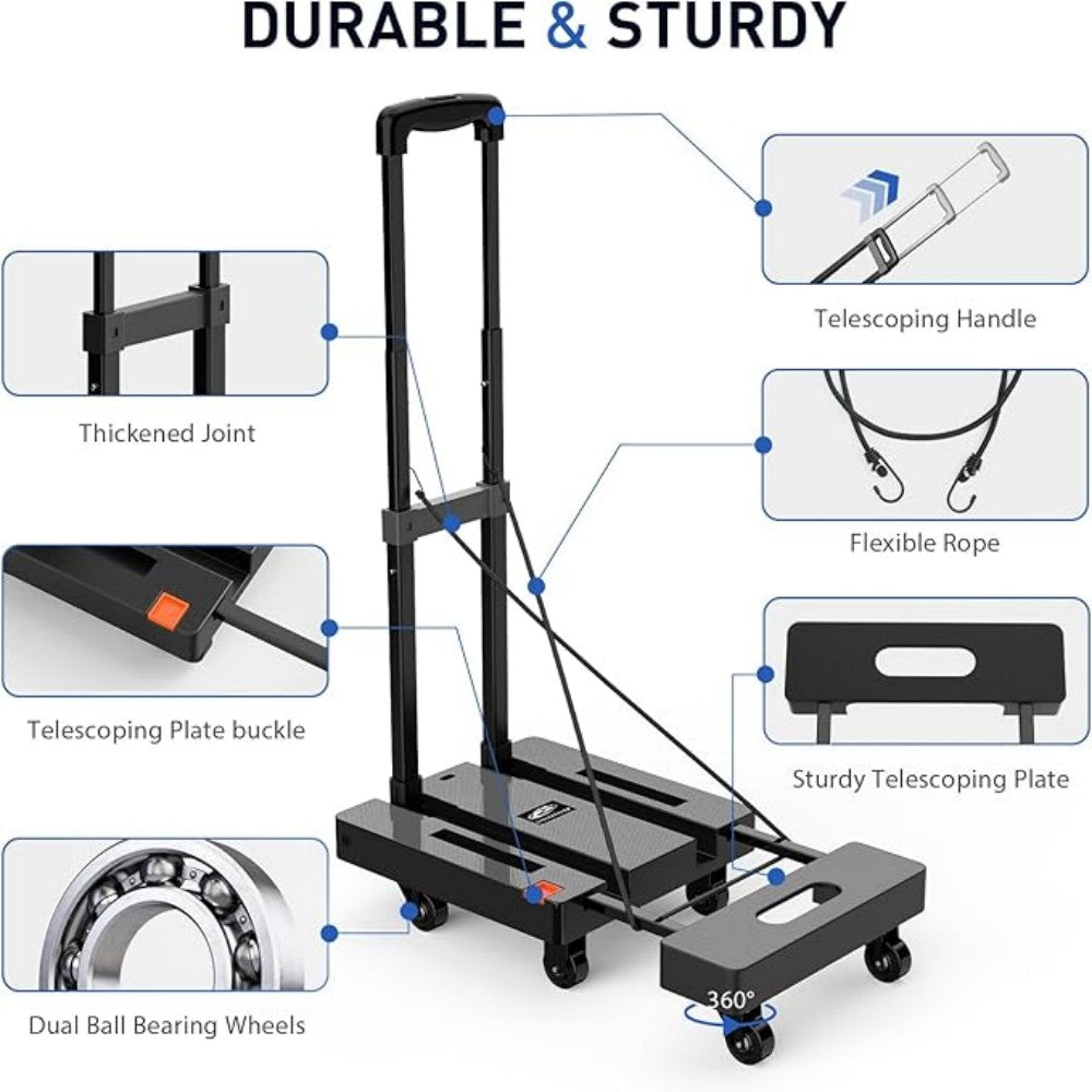 SPACEKEEPER Folding Hand Trolley, 227KGS Heavy Duty Platform Trolley with 6 Wheels and 2 Elastic Ropes for Luggage, Travel, Car, Shopping, Moving and Office, Orange