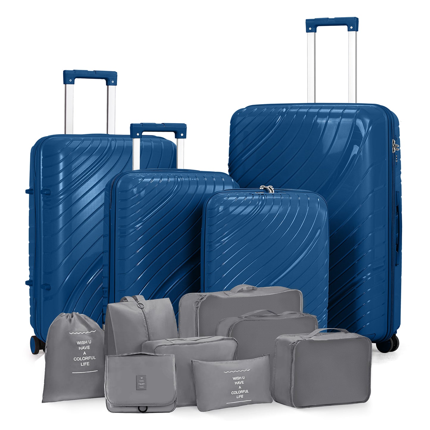4-Piece Luggage Set with 2 Handbags & 8-Piece Toiletry Kit – Durable PP Suitcase (18in/20in/24in/28in) + 30L Travel Tote + 3L Crossbody Wash Bag – Iron Telescopic Handle – Dark Blue