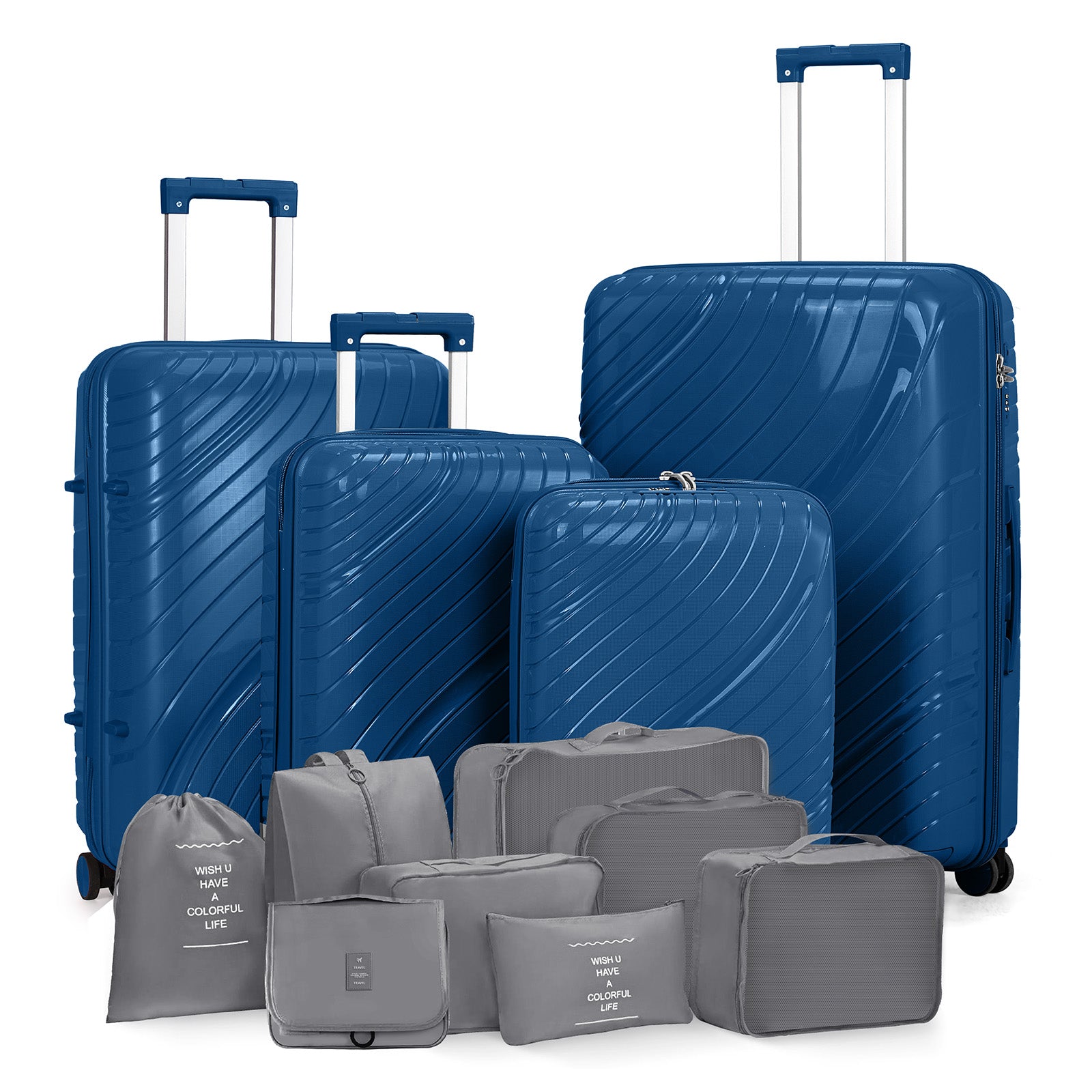 4-Piece Luggage Set with 2 Handbags & 8-Piece Toiletry Kit – Durable PP Suitcase (18in/20in/24in/28in) + 30L Travel Tote + 3L Crossbody Wash Bag – Iron Telescopic Handle – Dark Blue