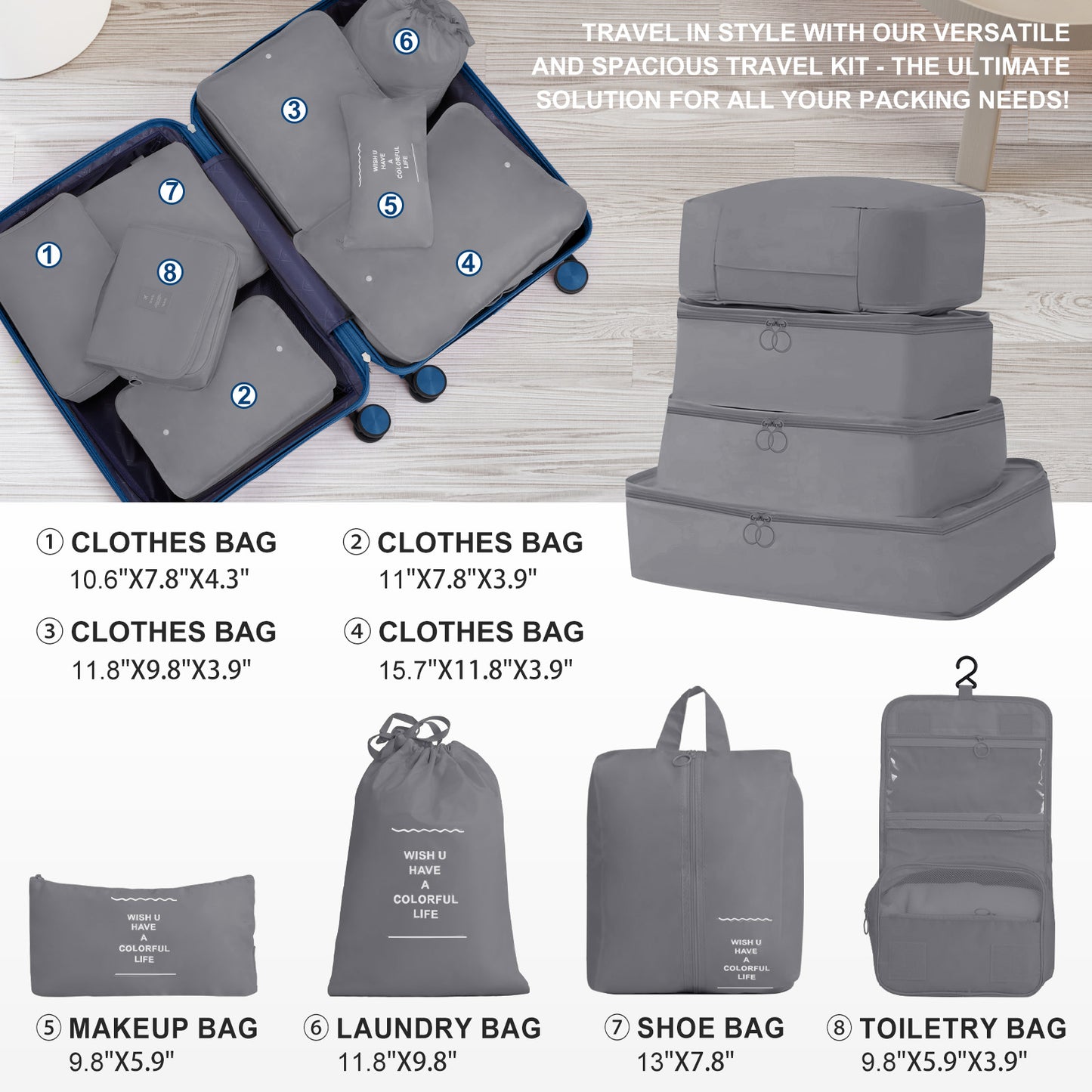 4-Piece Luggage Set with 2 Handbags & 8-Piece Toiletry Kit – Durable PP Suitcase (18in/20in/24in/28in) + 30L Travel Tote + 3L Crossbody Wash Bag – Iron Telescopic Handle – Dark Blue