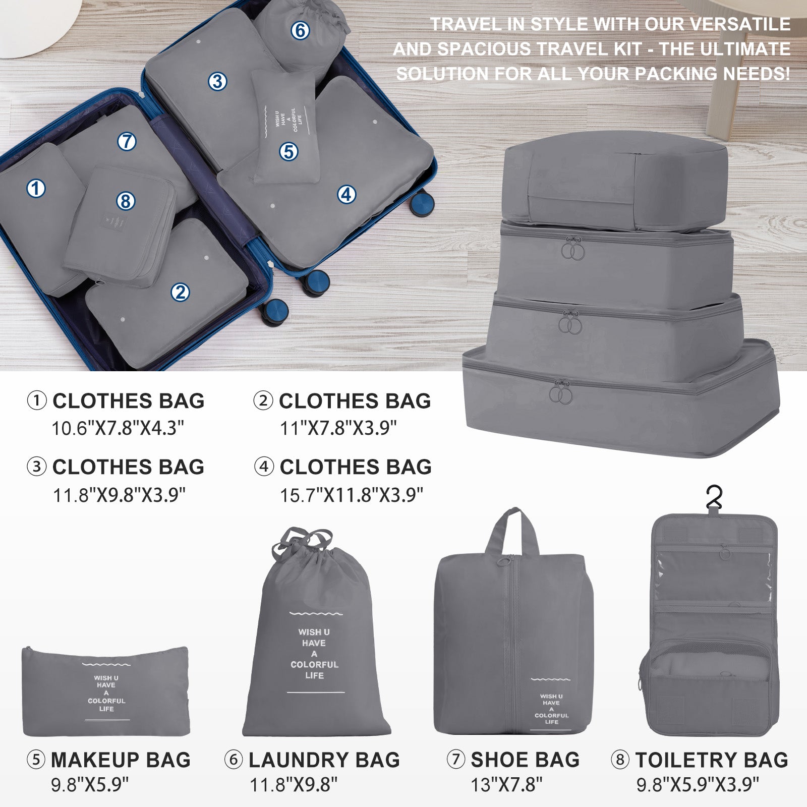 4-Piece Luggage Set with 2 Handbags & 8-Piece Toiletry Kit – Durable PP Suitcase (18in/20in/24in/28in) + 30L Travel Tote + 3L Crossbody Wash Bag – Iron Telescopic Handle – Dark Blue