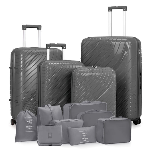 4-Piece Luggage Set with 2 Handbags & 8-Piece Toiletry Kit – Durable PP Suitcase (18in/20in/24in/28in) + 30L Travel Tote + 3L Crossbody Wash Bag – Iron Telescopic Handle – Dark Gray