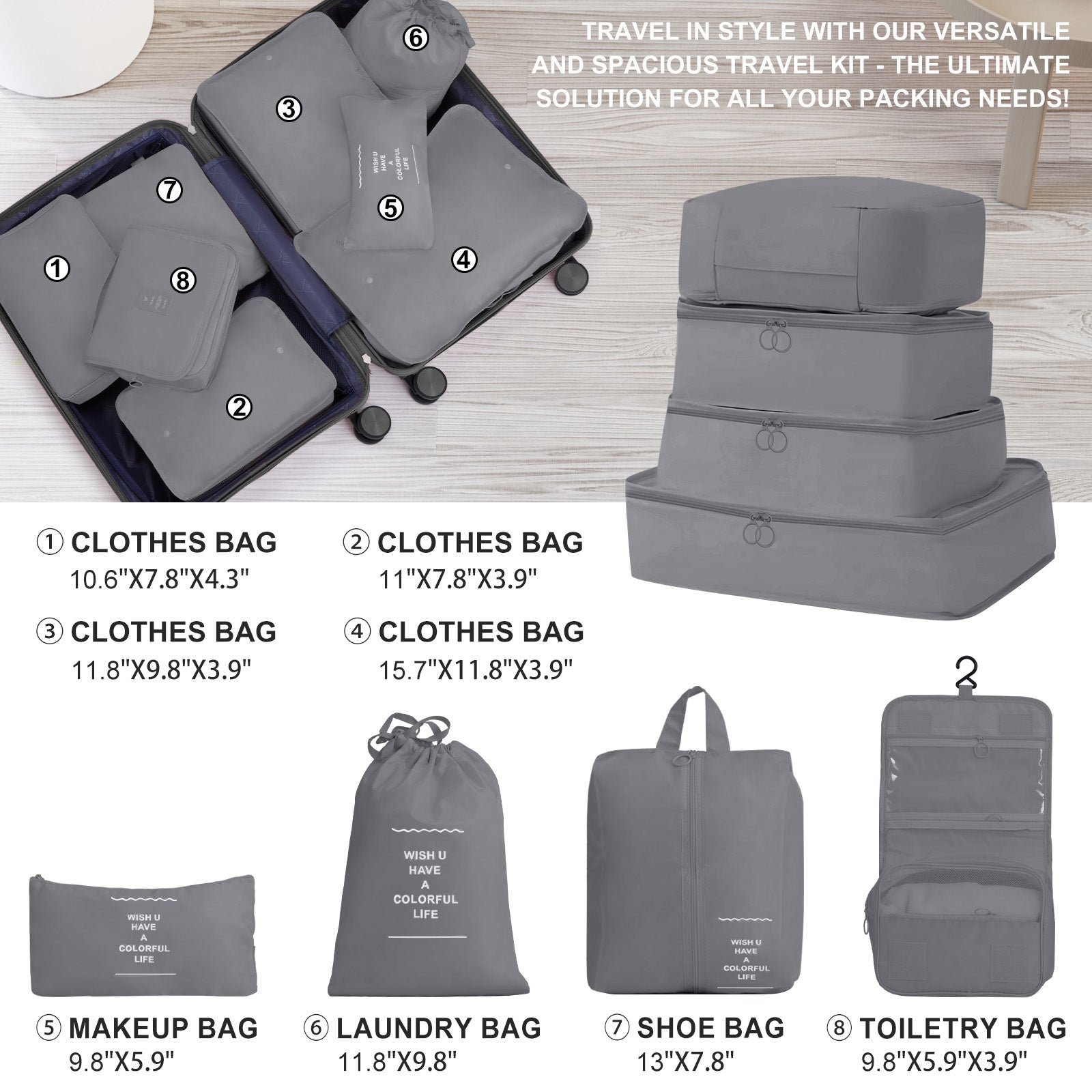 4-Piece Luggage Set with 2 Handbags & 8-Piece Toiletry Kit – Durable PP Suitcase (18in/20in/24in/28in) + 30L Travel Tote + 3L Crossbody Wash Bag – Iron Telescopic Handle – Dark Gray