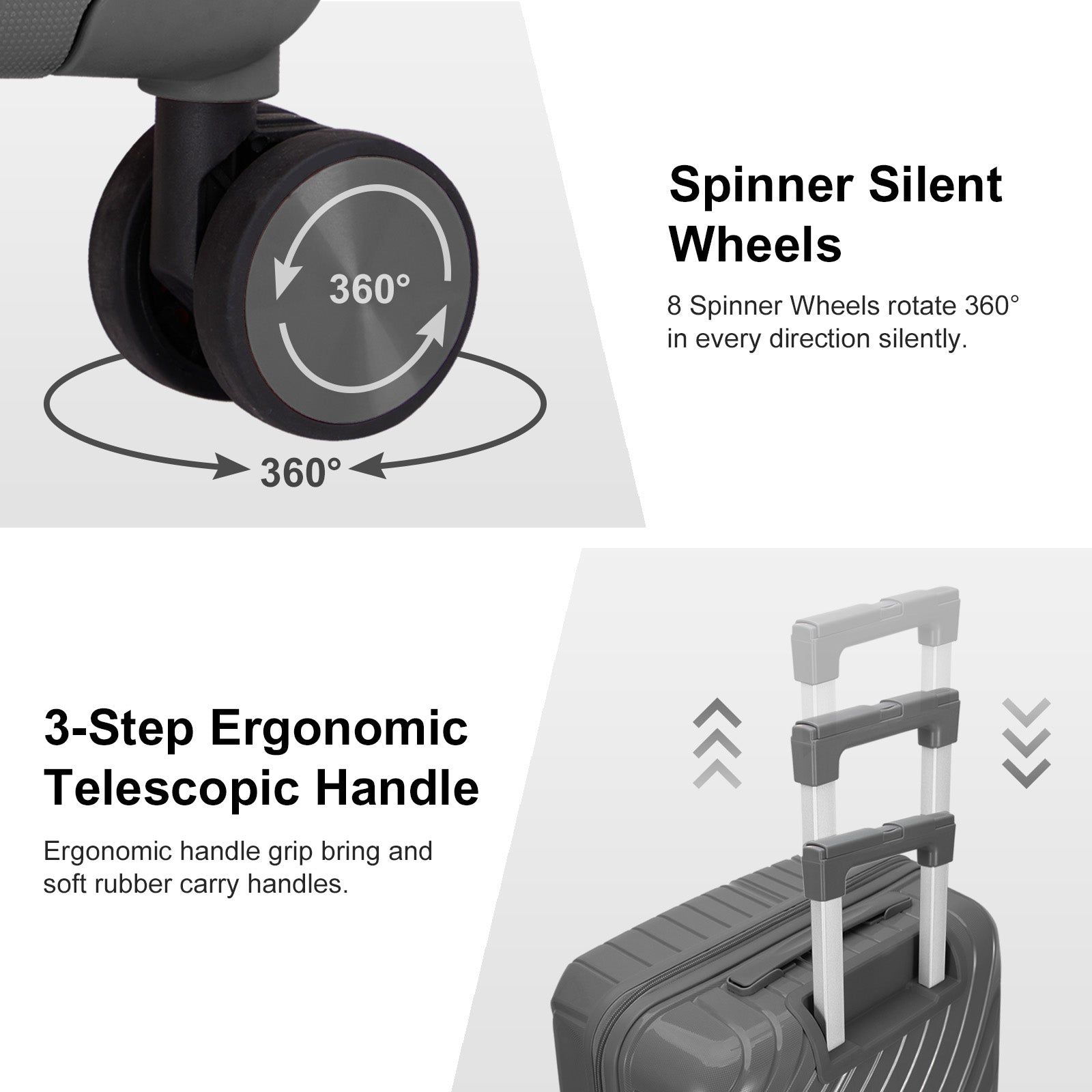 4-Piece Luggage Set with 2 Handbags & 8-Piece Toiletry Kit – Durable PP Suitcase (18in/20in/24in/28in) + 30L Travel Tote + 3L Crossbody Wash Bag – Iron Telescopic Handle – Dark Gray