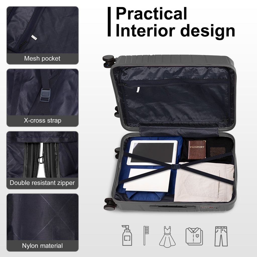 4-Piece Luggage Set with 2 Handbags & 8-Piece Toiletry Kit – Durable PP Suitcase (18in/20in/24in/28in) + 30L Travel Tote + 3L Crossbody Wash Bag – Iron Telescopic Handle – Dark Gray