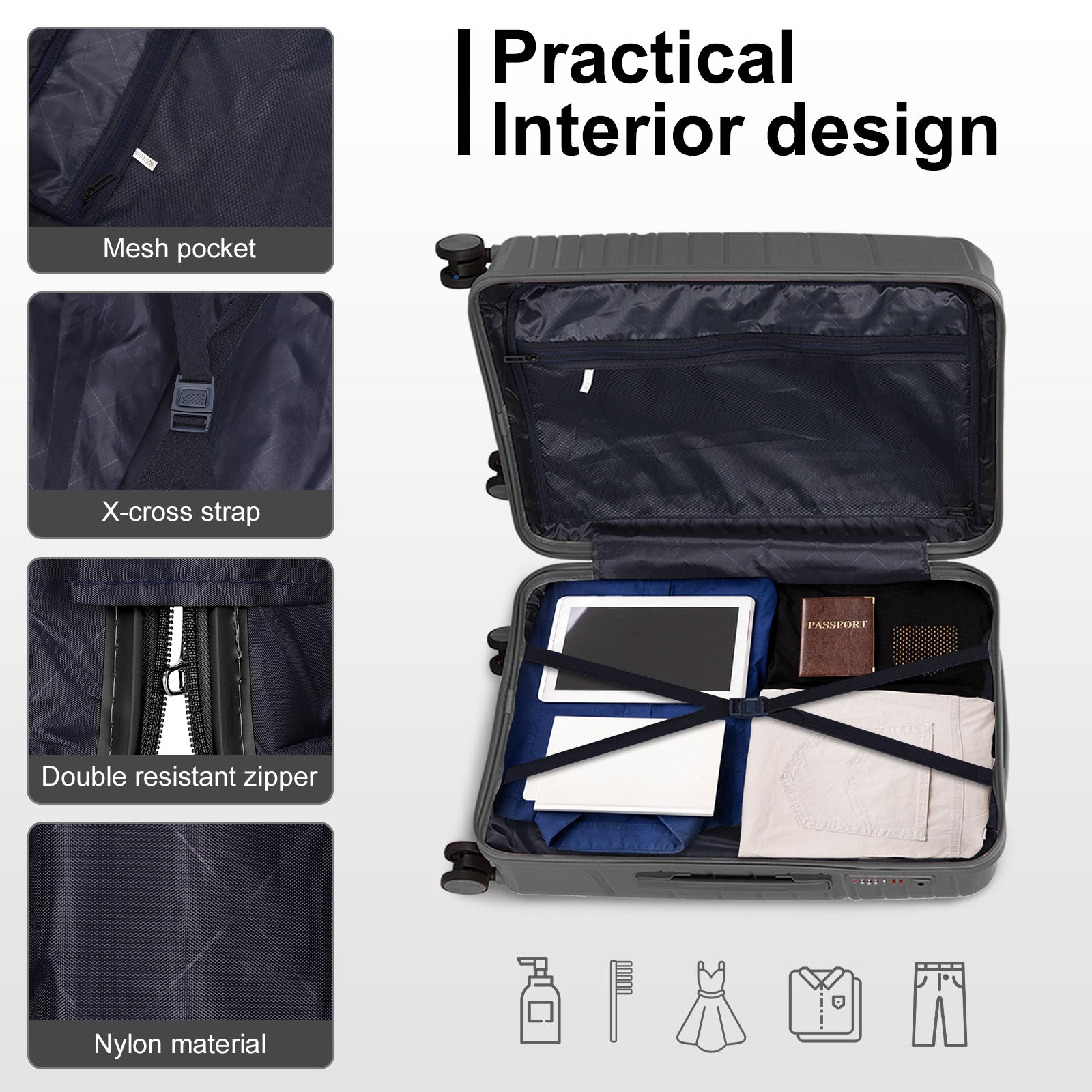 4-Piece Luggage Set with 2 Handbags & 8-Piece Toiletry Kit – Durable PP Suitcase (18in/20in/24in/28in) + 30L Travel Tote + 3L Crossbody Wash Bag – Iron Telescopic Handle – Dark Gray