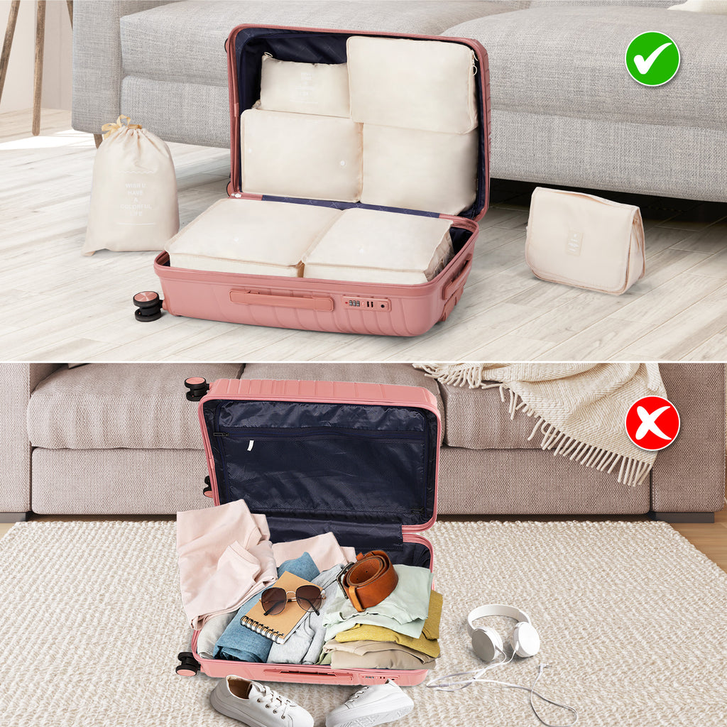 4-Piece Luggage Set with 2-Piece Handbag & 8-Piece Toiletry Kit – Rose Gold PP Suitcase + Beige Travel Accessories