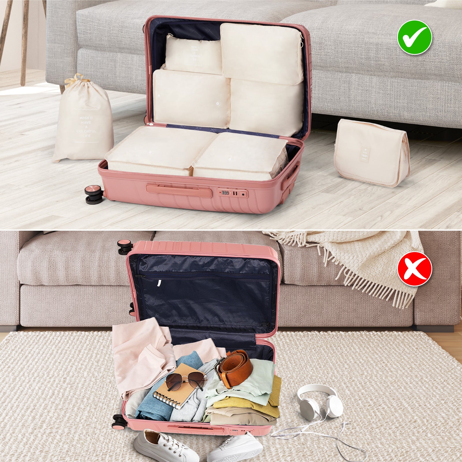 4-Piece Luggage Set with 2-Piece Handbag & 8-Piece Toiletry Kit – Rose Gold PP Suitcase + Beige Travel Accessories