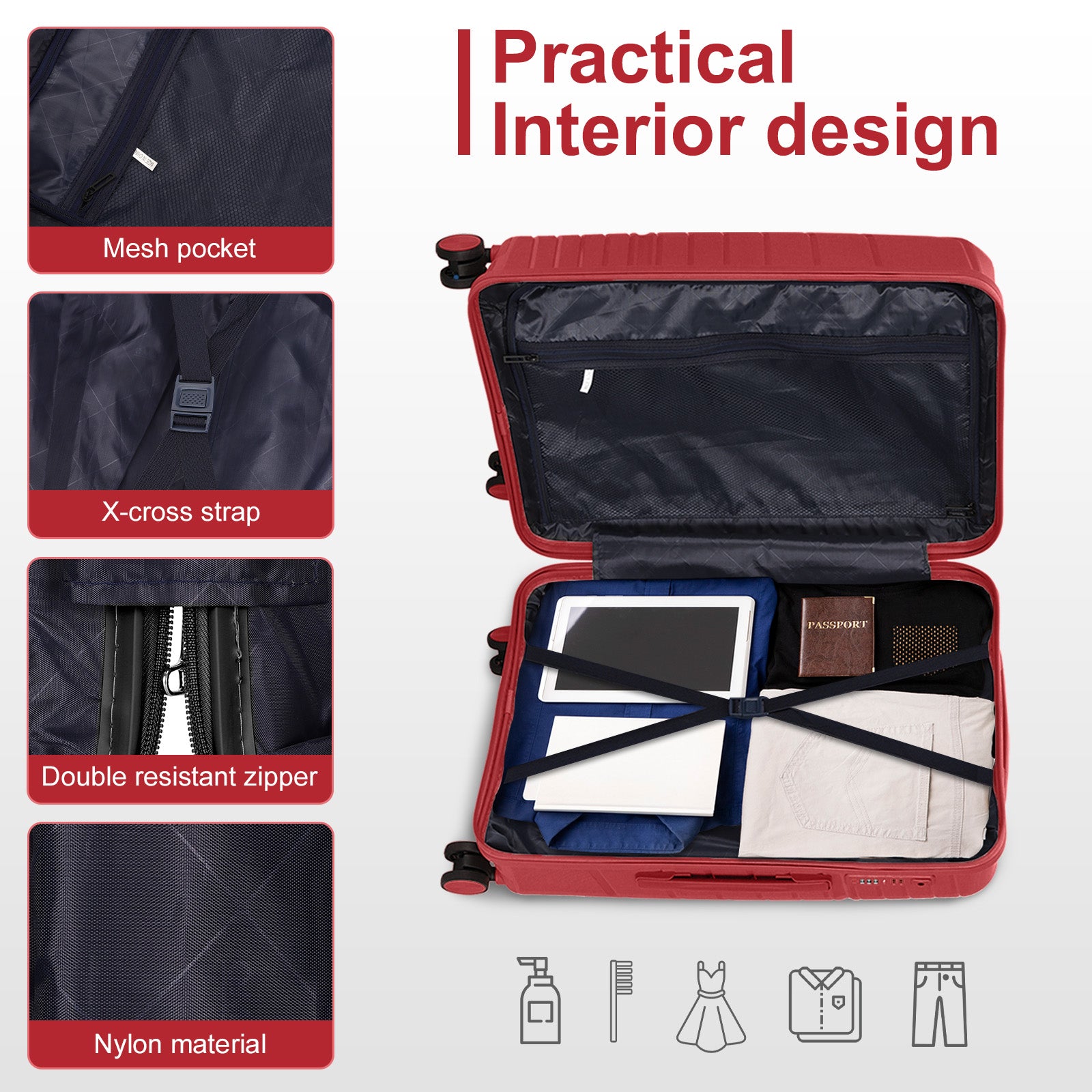 4-Piece Luggage Set with 2 Handbags & 8-Piece Toiletry Kit – Durable PP Suitcase (18in/20in/24in/28in) + 30L Travel Tote + 3L Crossbody Wash Bag – Iron Telescopic Handle – Red