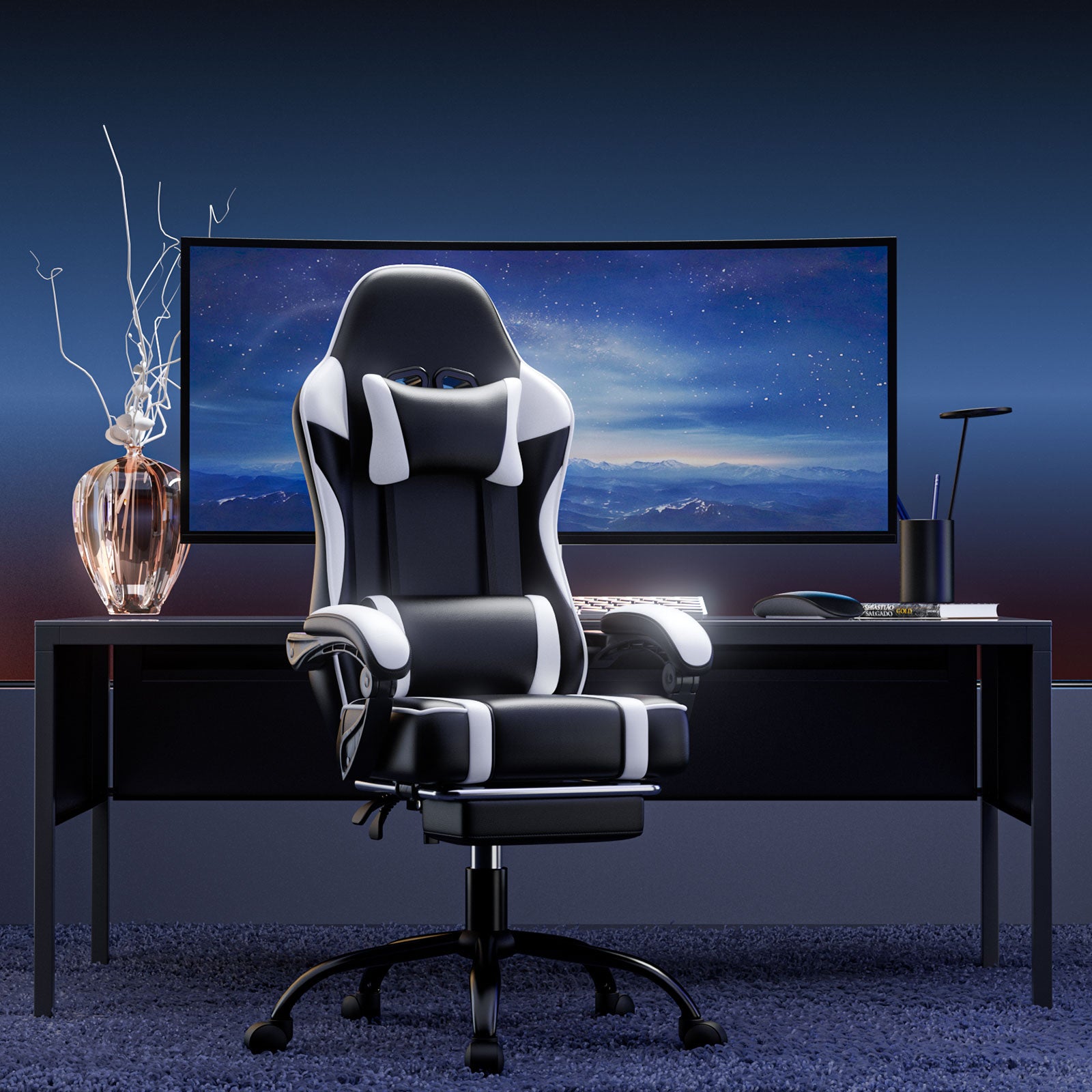 Gaming Chair, Computer Chair with Footrest and Lumbar Support, Ergonomic Video Game Chair with Headrest, Height Adjustable Gamer Chair Office Desk Chair