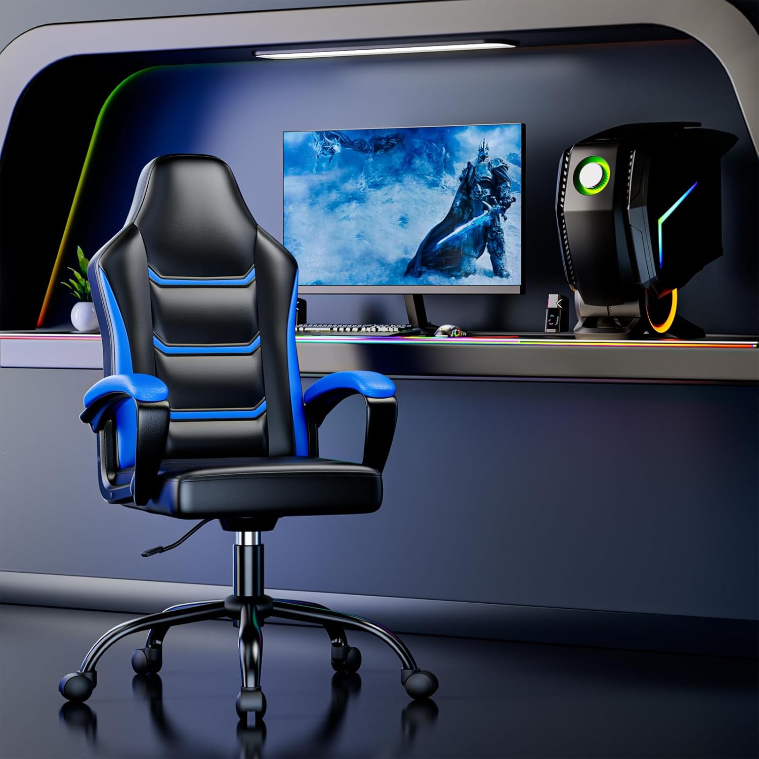 Ergonomic Gaming Chair, Height Adjustable Computer Chair, Pu Leather PC Chair with Castors, for Adults and Teenagers