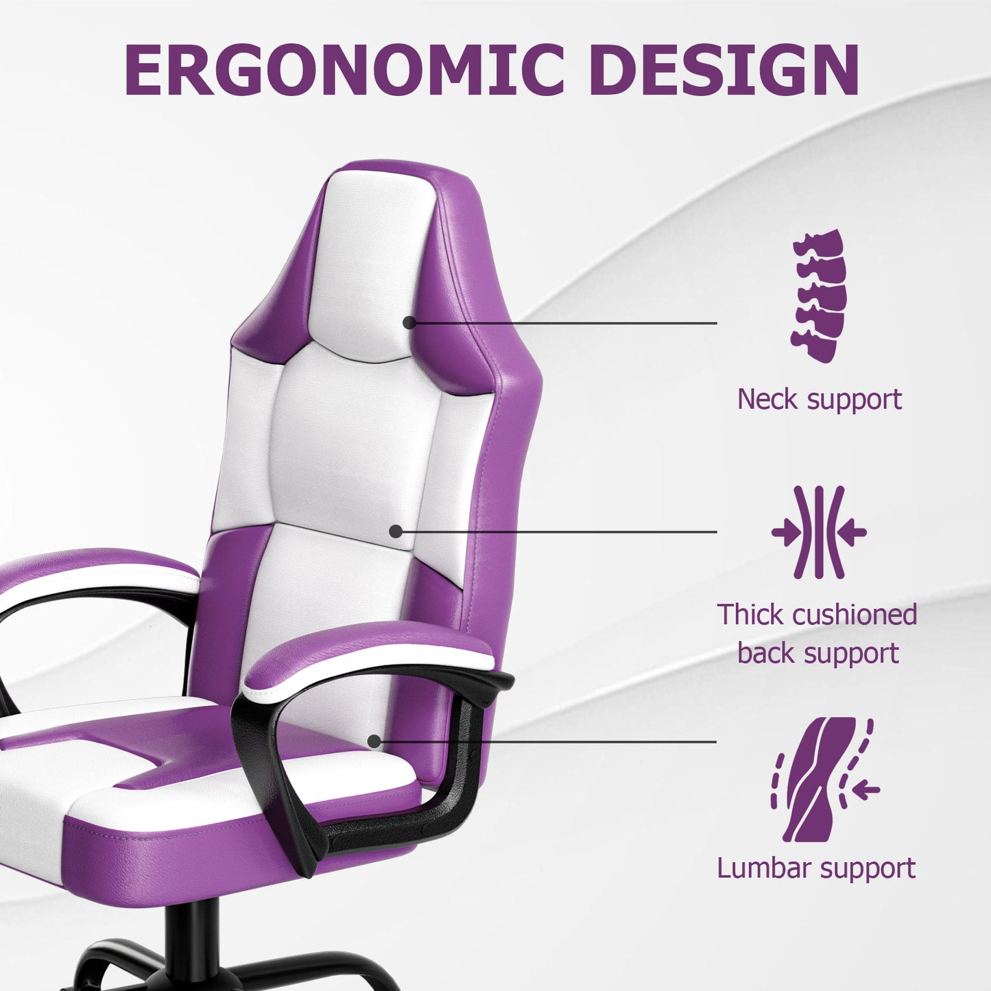 Ergonomic Gaming Chair, Height Adjustable Computer Chair, Pu Leather PC Chair with Castors, for Adults