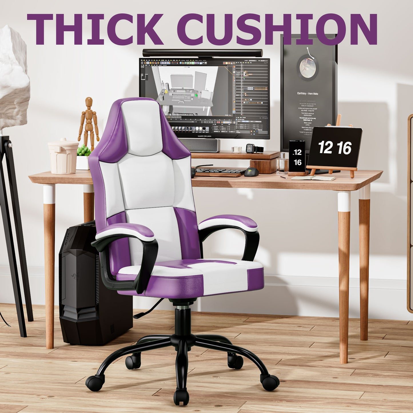 Ergonomic Gaming Chair, Height Adjustable Computer Chair, Pu Leather PC Chair with Castors, for Adults
