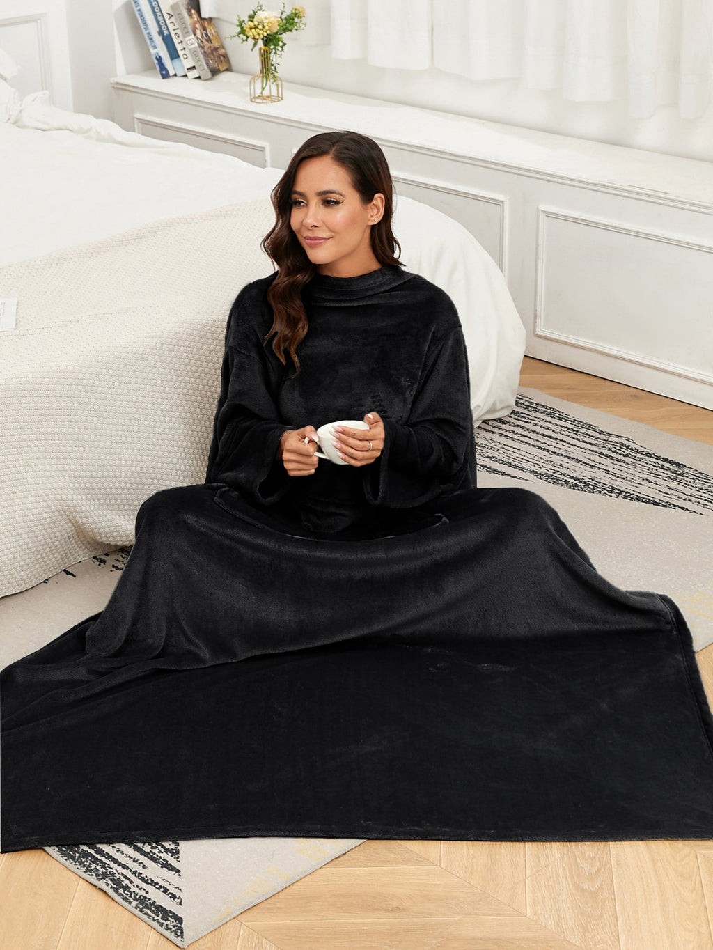 RONGTAI Fleece Wearable Blanket With Sleeve And Pocket For Adults, Cozy Warm Full Body Wrap Throws Blanket Robe, Navy, Oversized