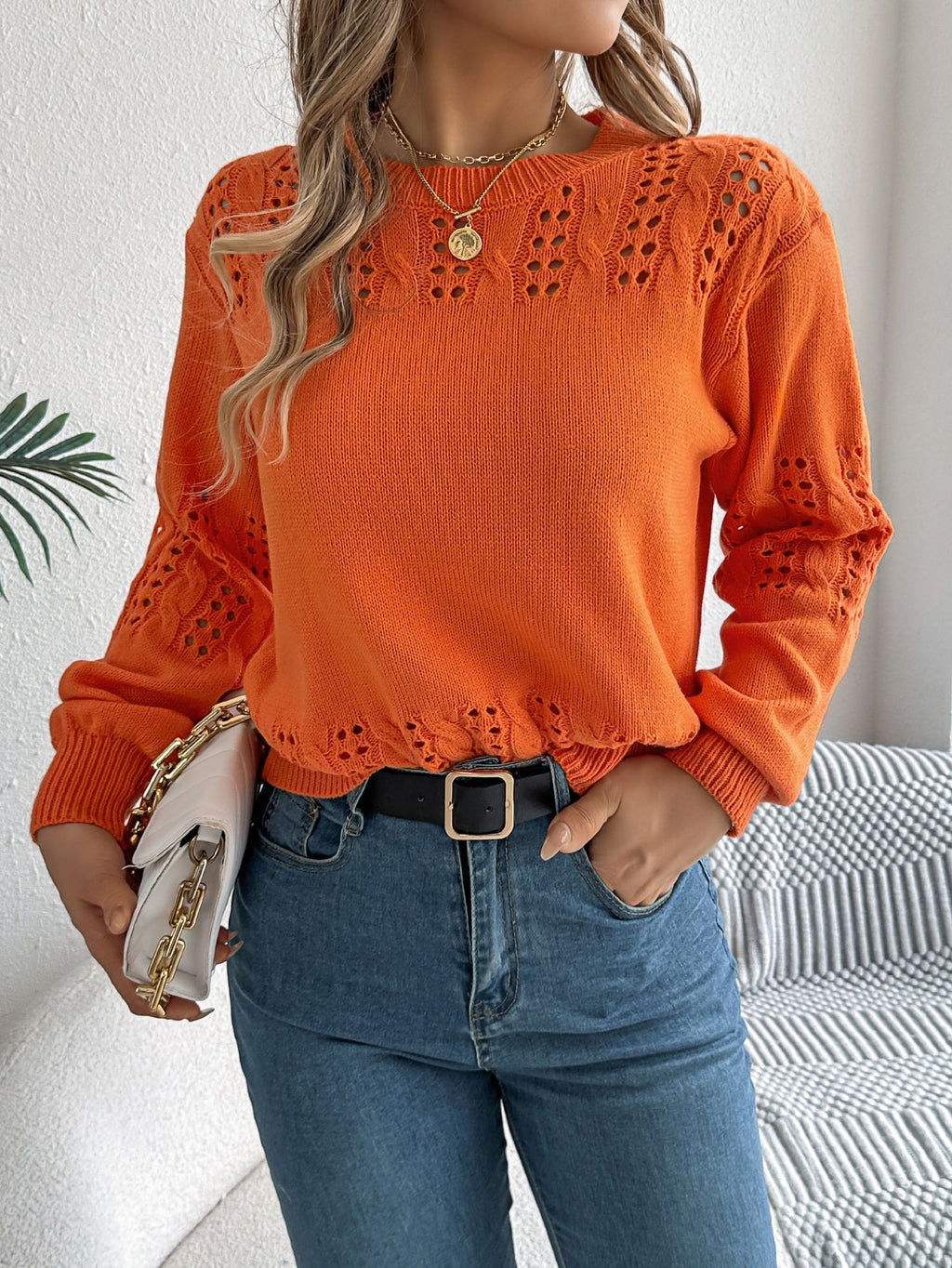 Women Casual Solid Color Hollow Out Lantern Sleeve Pullover Sweater