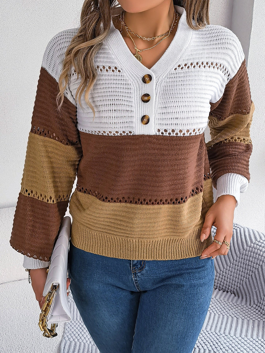 Women Casual Button V-Neck Hollow Out Color Block Lantern Sleeve Pullover Sweater