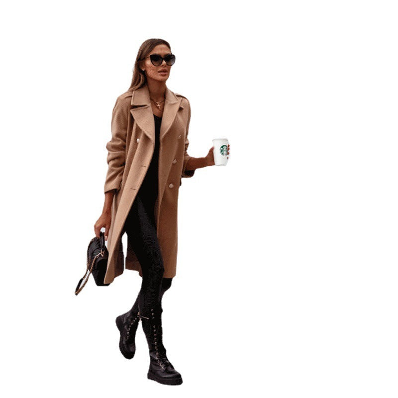 Women's New Double Breasted Mid Length Wool Coat