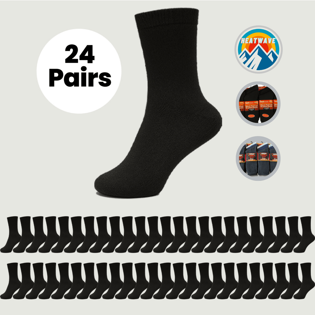 24 Pairs Mens Black Thermal Socks Warm Work Boot Socks Superior Insulation Cold Weather Double Brushed Advanced Knitting Technology Extra Warmth by Heatwave Thermalwear