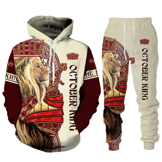 3D Lion Printing Hooded Pullover Men's Suit