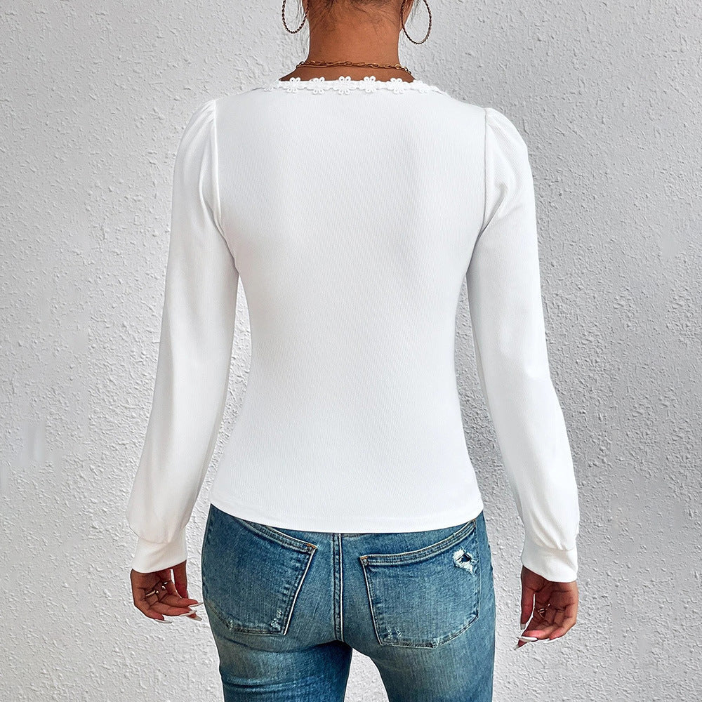 Women's V-neck Puff Sleeve Slim Fit Versatile T-shirt
