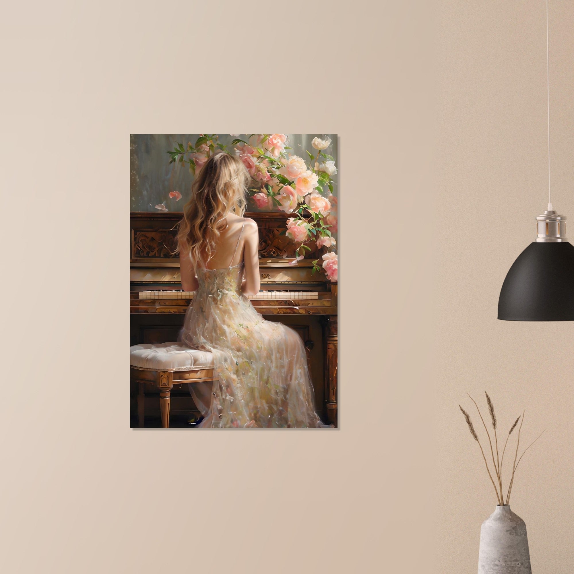 Romantic Piano Poster – Vintage Art Print of Woman with Flowers