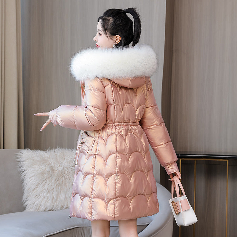 Glossy Women's Mid-length Thickened Warm Slim-fit Figure Flattering Fur Collar Cotton Clothes