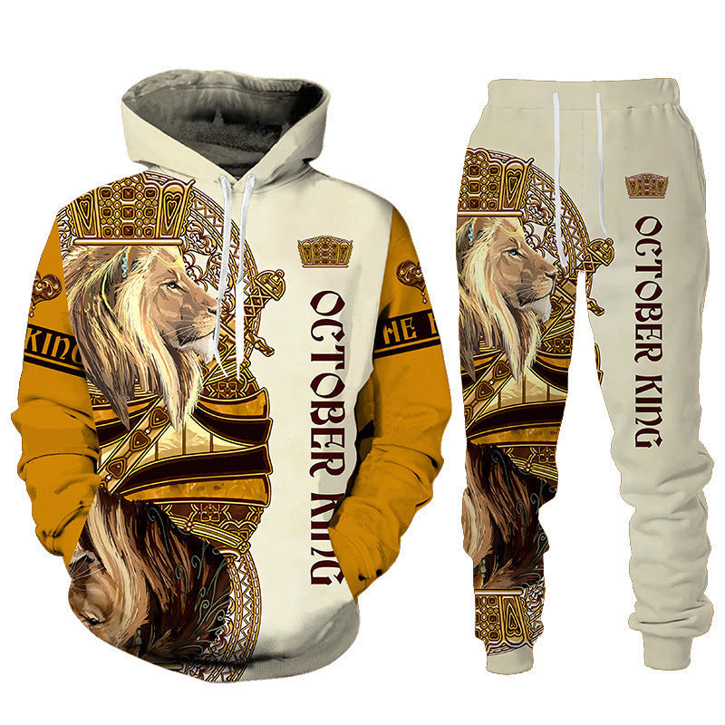 3D Lion Printing Hooded Pullover Men's Suit