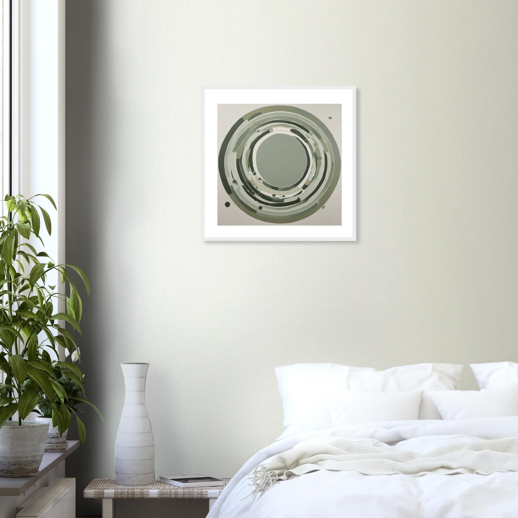Sage Green Circular Abstract Framed Poster – Minimalist Geometric Wall Art