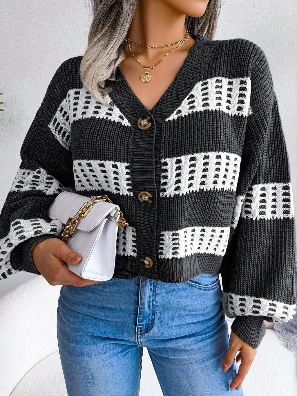 Women Designer Color Block Lantern Sleeve Cardigan Sweater Coat