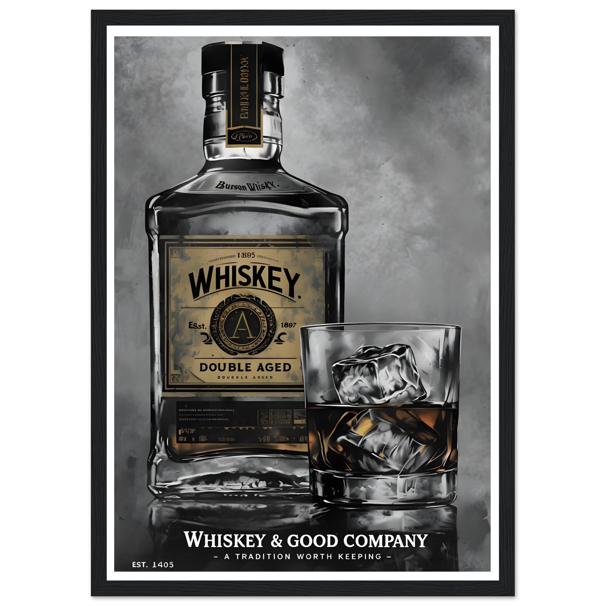Noir Whiskey Bottle Framed Poster – Sophisticated Wall Art for Home Bars & Lounges