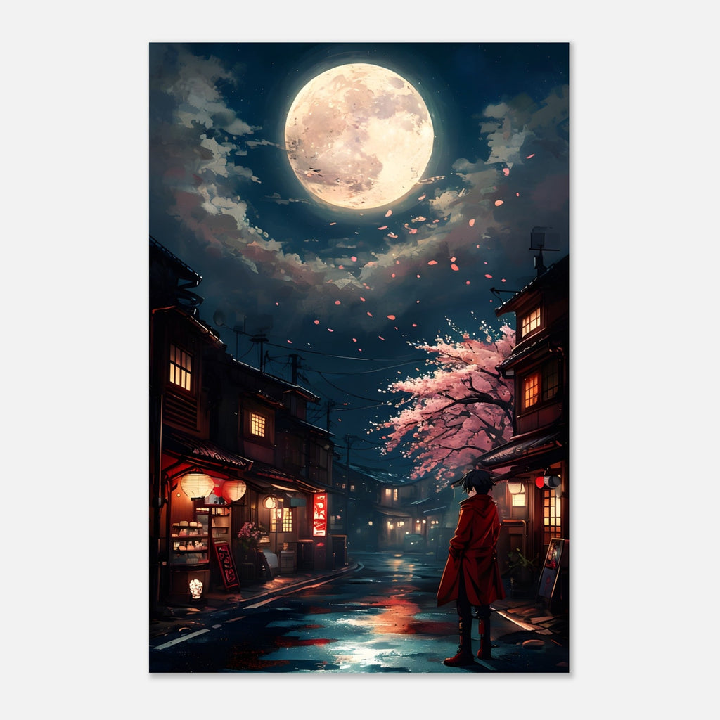 Japanese Cityscape Night Poster – Urban Glow Under the Moon