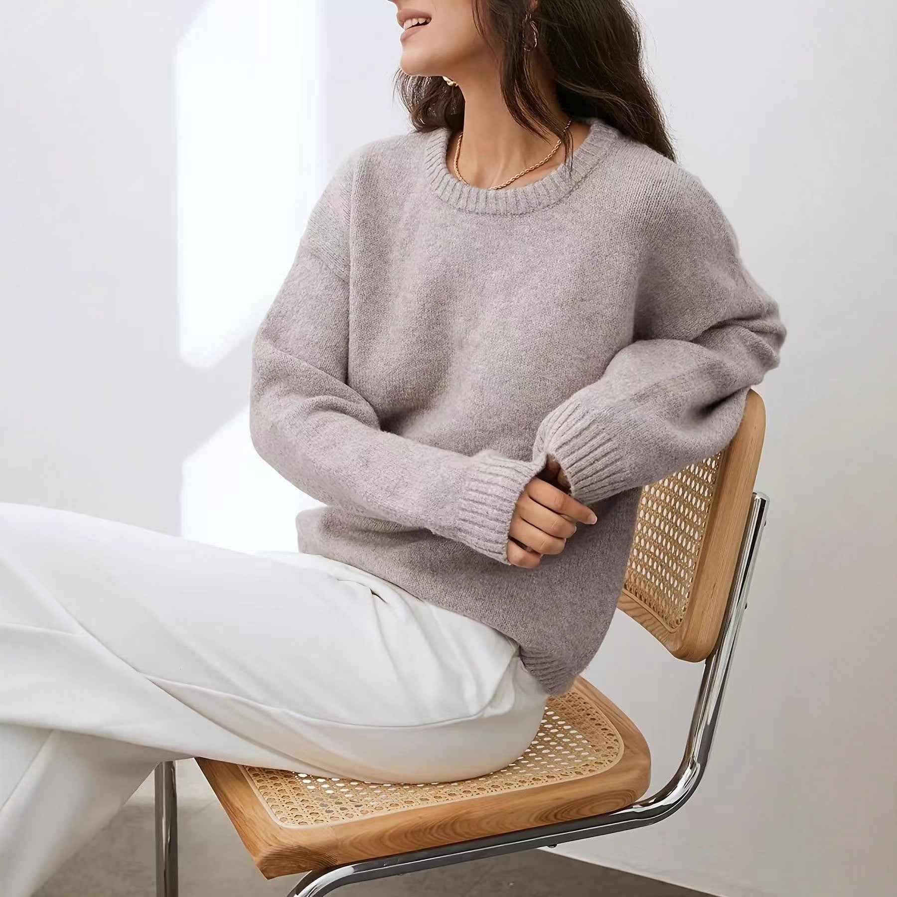 Solid Color Round Neck Sweater Women's Autumn And Winter Knitted Top