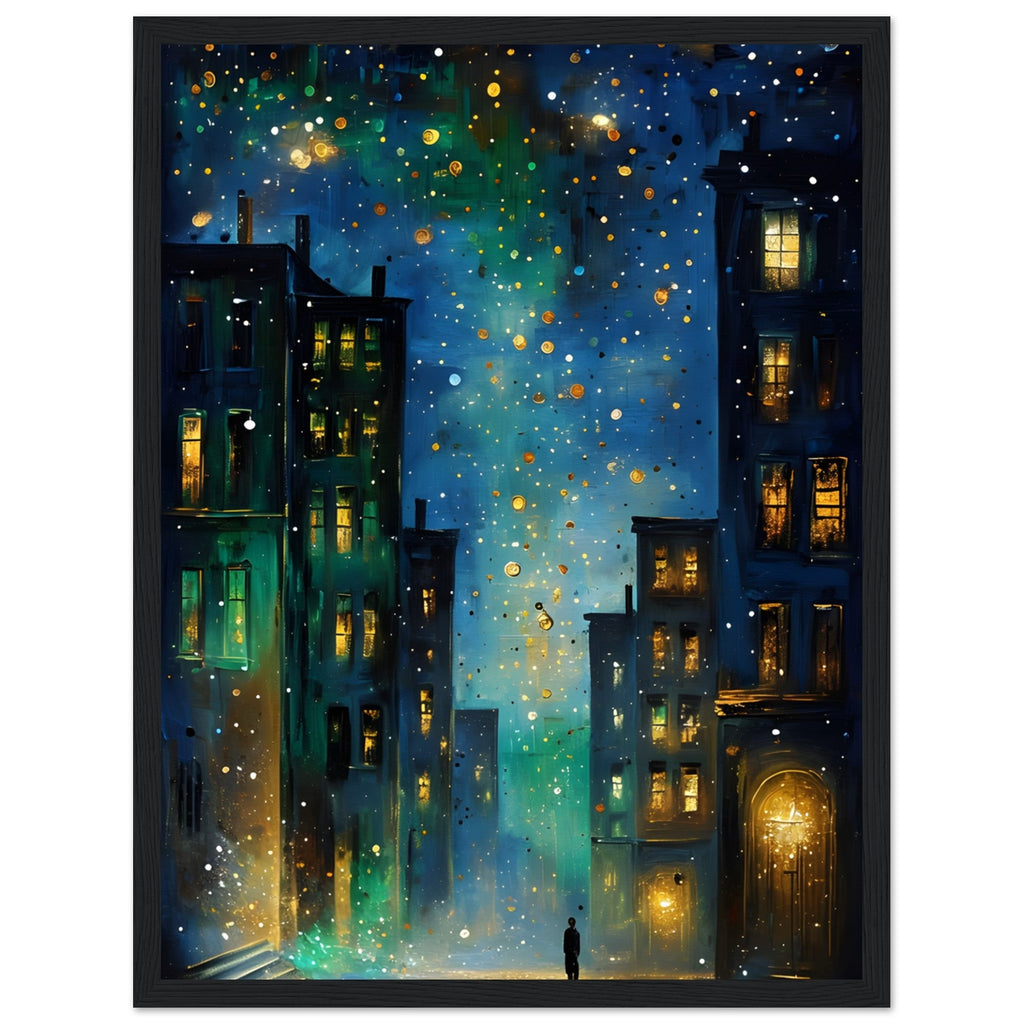 Surreal Urban Night Scene Poster - Vibrant Reflection - Black Framed Art Ready to Hang