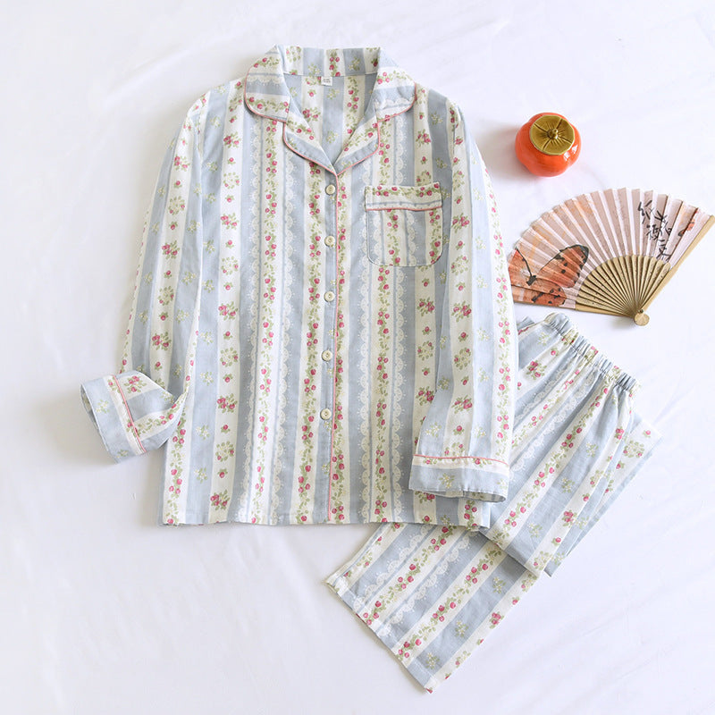 Japanese Sweet Ladies' Homewear Cotton Double-layer Gauze New Long-sleeved Trousers Two-piece Set