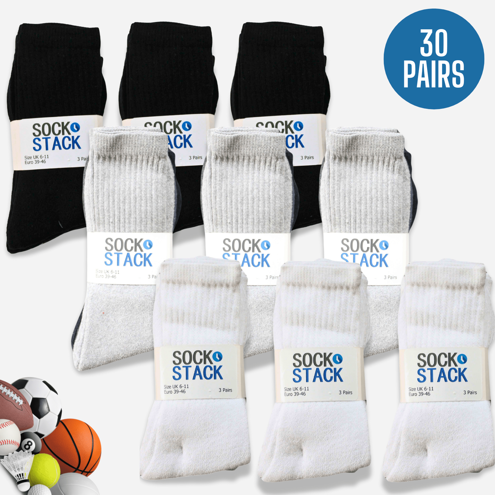 30 Pairs Mens Cotton Rich Performance Sport Socks Outdoor Athletics Running Hiking Football Black Grey White Sock Cushioned Anti-Blister Moisture-Wicking Breathable Comfortable UK 6-11 by Sock Stack