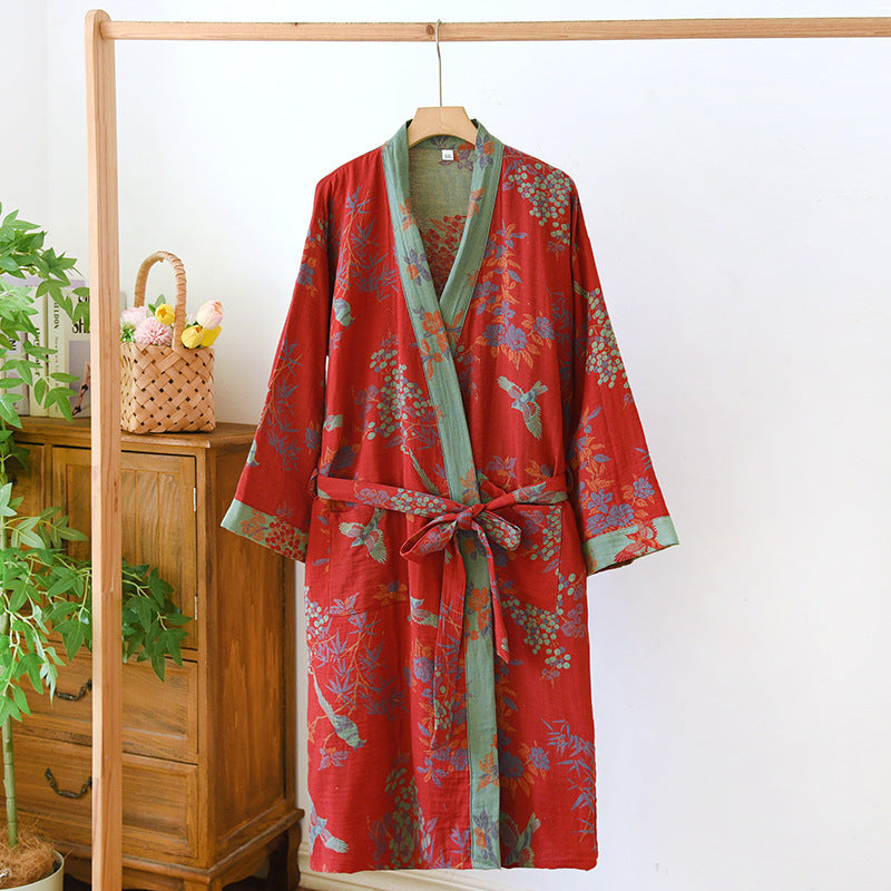 Women's SpringSummer Jacquard Woven Pure Cotton Double-Layer Gauze Nightgown