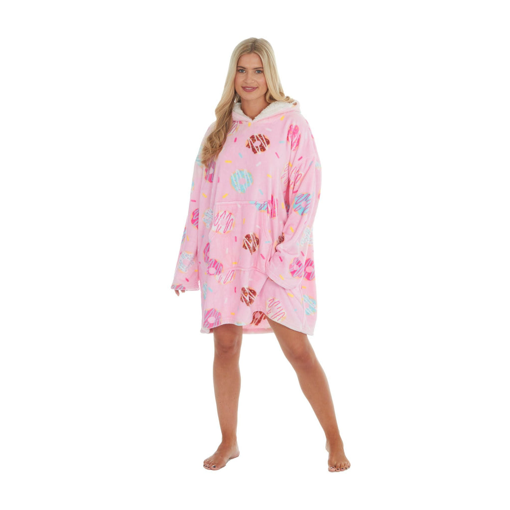 Ladies Fleece Donut Printed Oversized Blanket Hoodie with Kangaroo Pockets