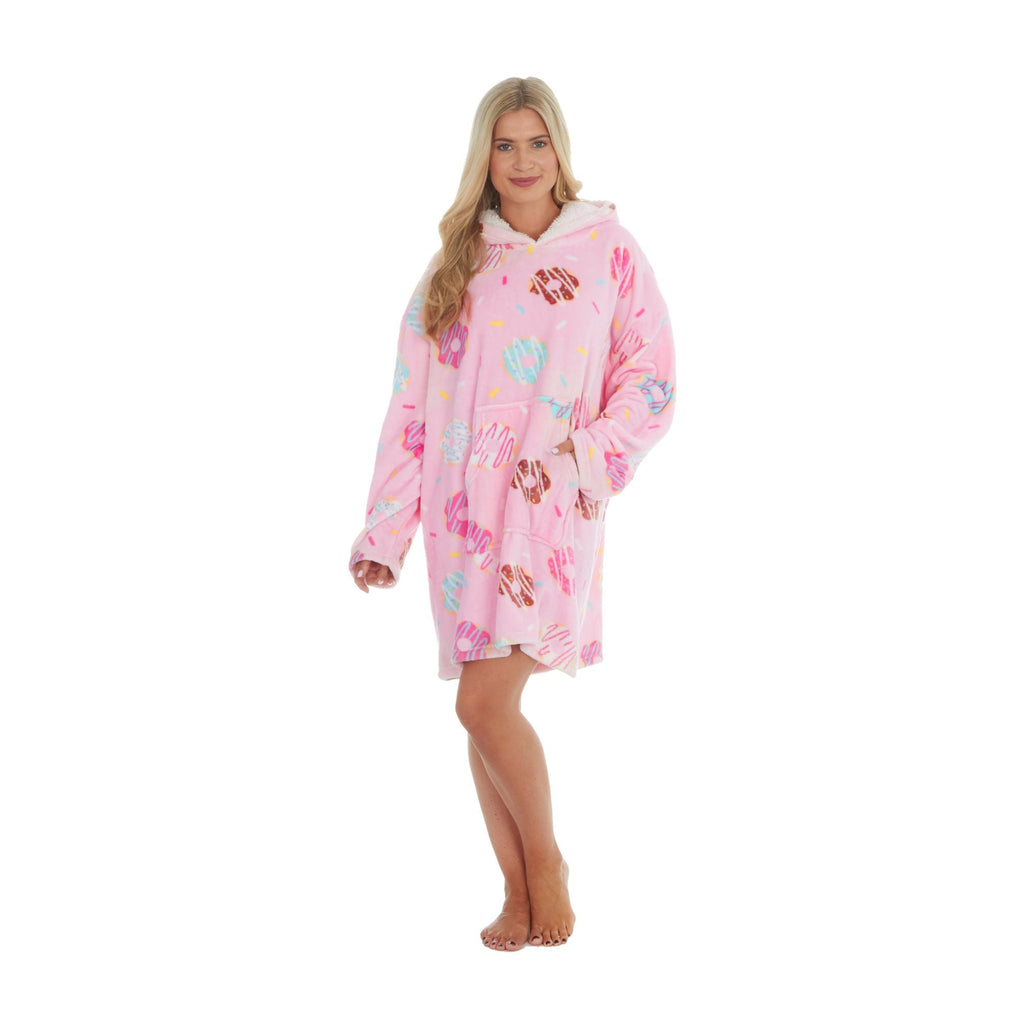Ladies Fleece Donut Printed Oversized Blanket Hoodie with Kangaroo Pockets