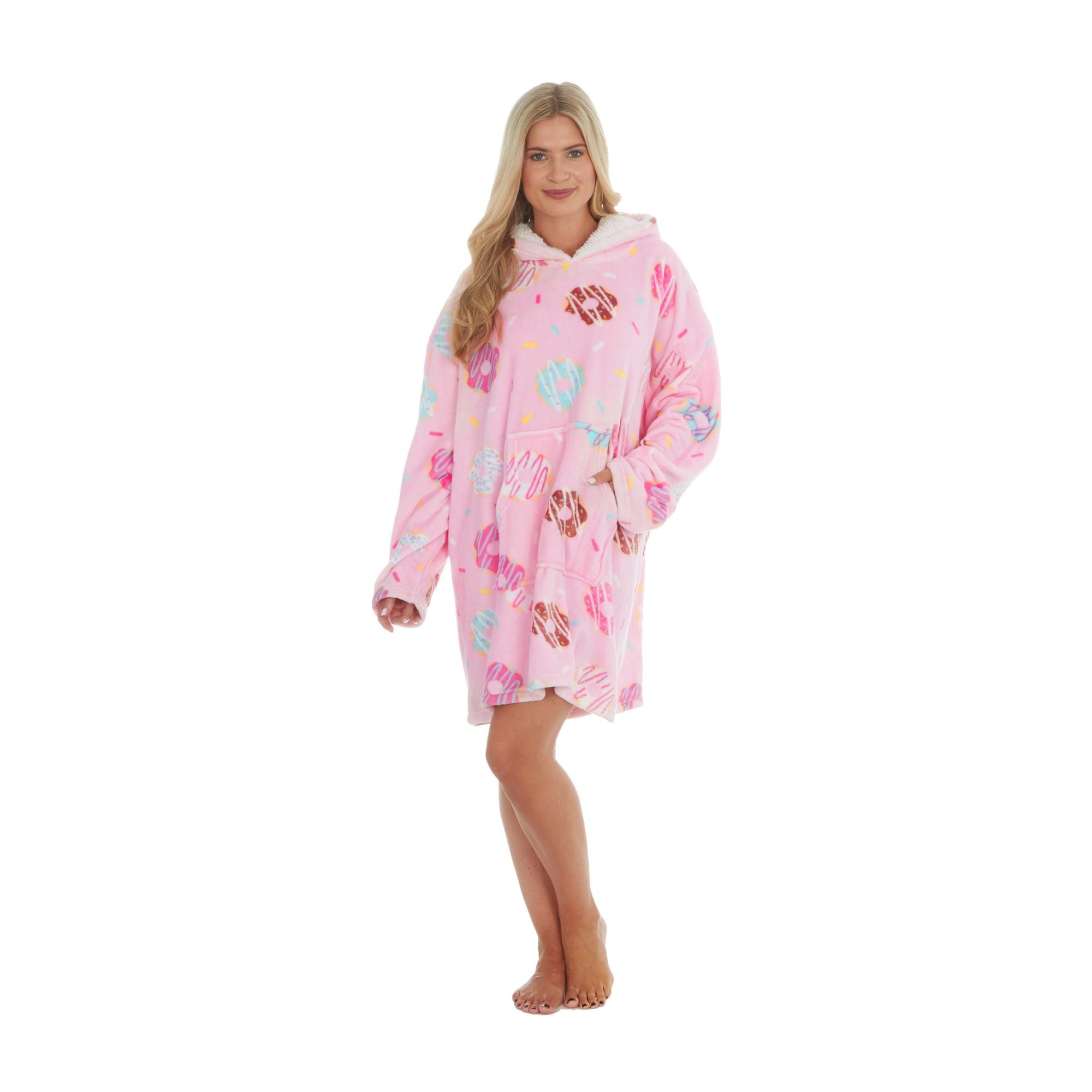 Ladies Fleece Donut Printed Oversized Blanket Hoodie with Kangaroo Pockets