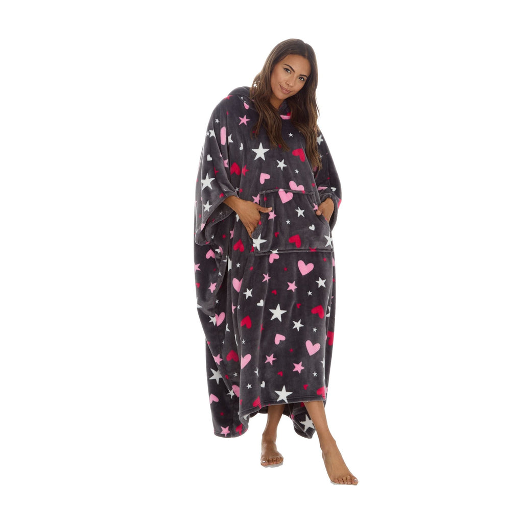 Ladies Oversized Blanket Hoodie - Extra Long Fleece Poncho with Kangaroo Pocket