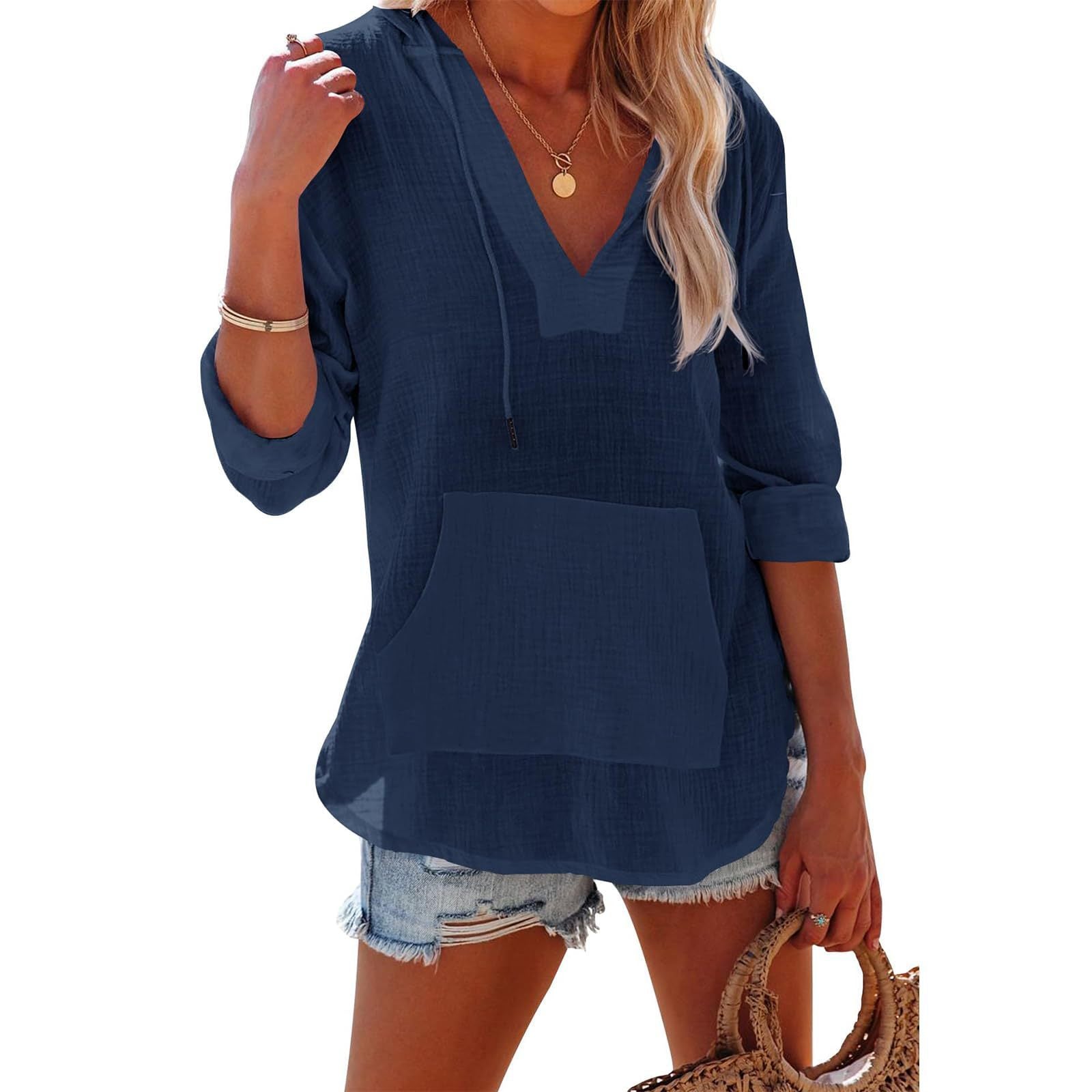 V-neck Hooded Shirt With Pockets Fashion Sports Long-sleeved Split Shirts Tops For Women Clothing