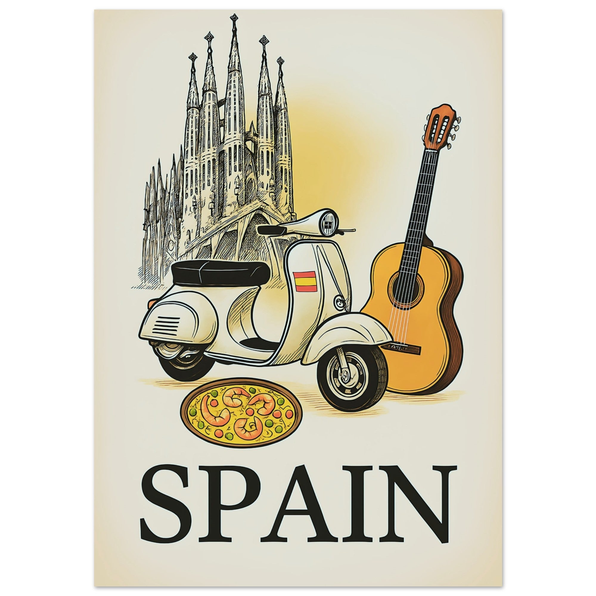 Vintage Spain Travel Poster – Guitar & Paella Wall Art – Spanish Home Decor