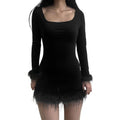 Women's Solid-color Knitted Waist-cinching Long-sleeve Dress