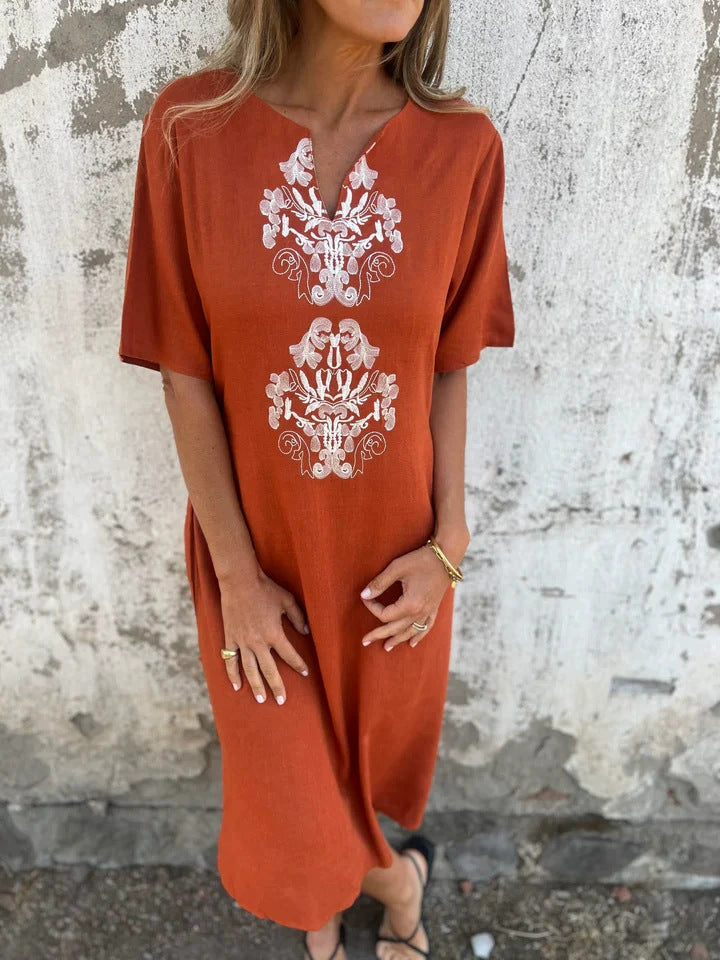 V-neck Loose-fit Cotton-linen Women's Dress