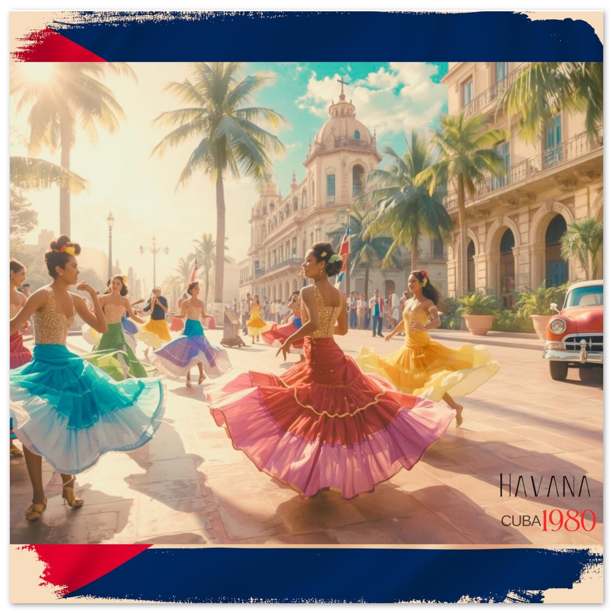Retro Havana Travel Poster | Cuban Dancers & Vintage Car Wall Art | Colorful 1980s Decor